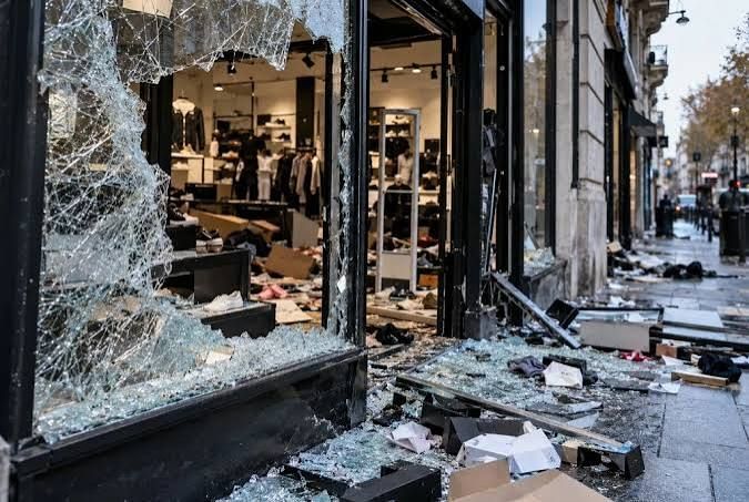 Vitrine d'un magasin de vêtements brisée, le sol couvert de verre et de marchandises